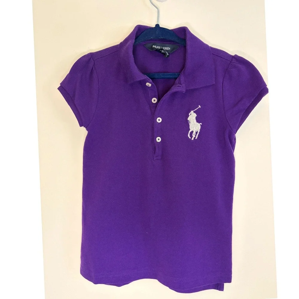 Ralph Lauren Girls Purple White Big Pony Cotton Pique Polo Shirt Size 6 Preppy